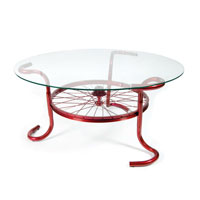Custom Modern Furniture, custom metal coffee table with glass top made of bicycle parts, S.D. Feather Sprint Coffee Table