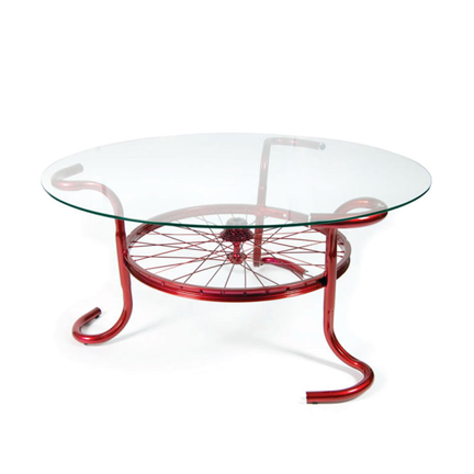 custom metal coffee table with glass top made of bicycle parts, S.D. Feather Sprint coffee table
